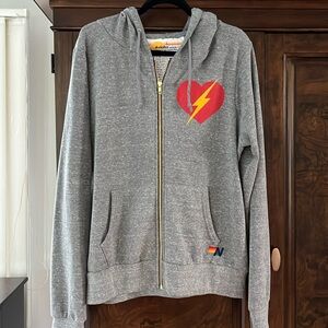 Aviator Nation Gray Zip-Up Hoodie with Red Heart and Yellow Lightning Bolt